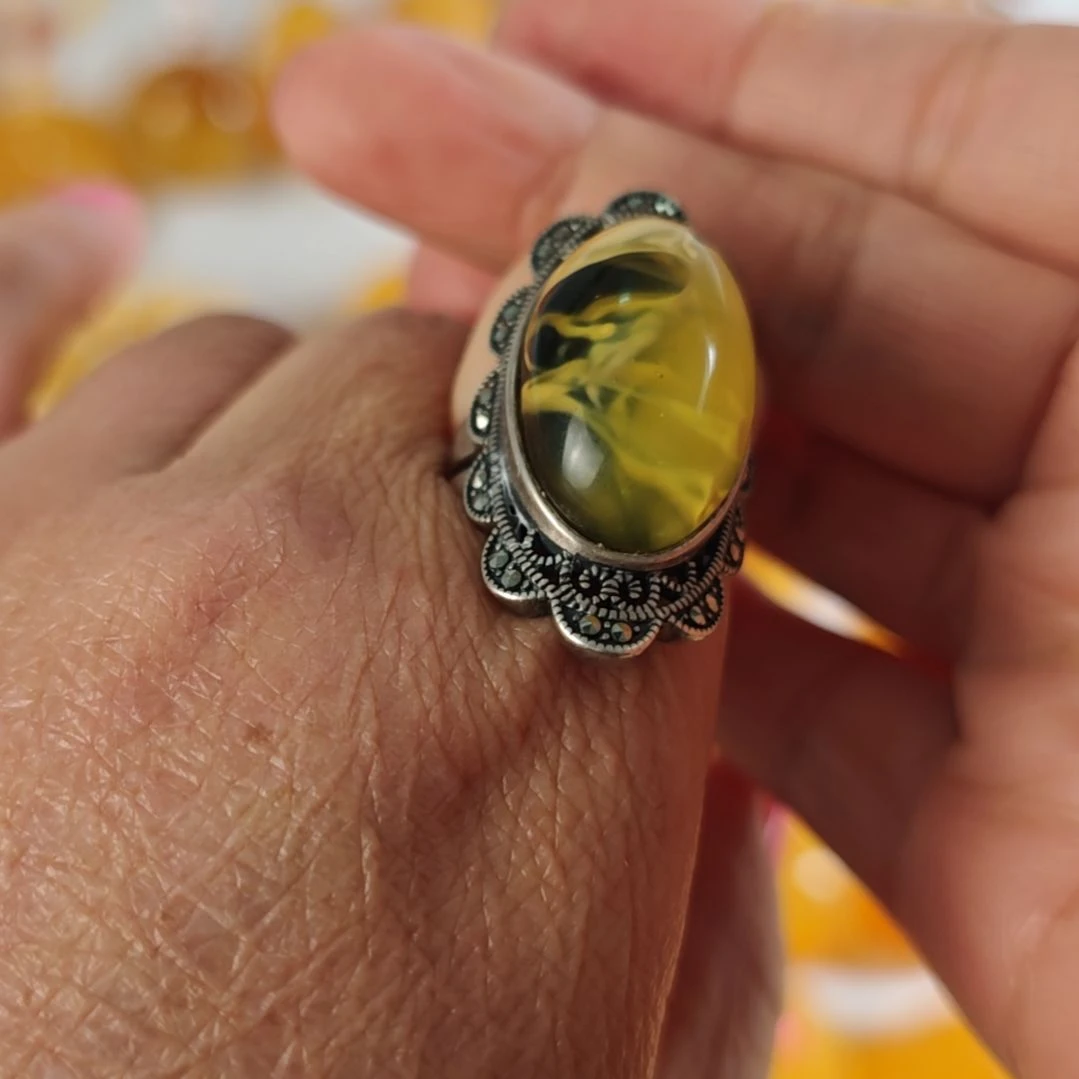 银S925镀金镶嵌蜜蜡戒指