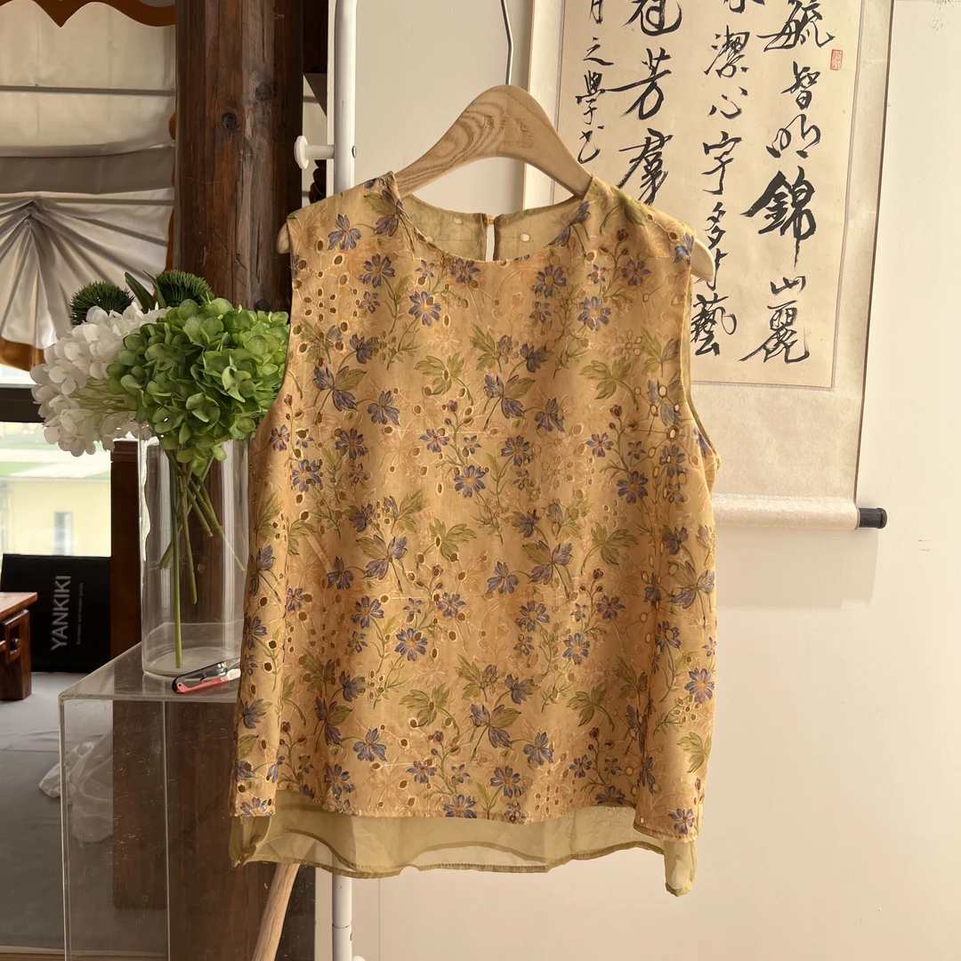 原宿风圆领无袖刺绣系带碎花衬衫花色休闲咖色夏季