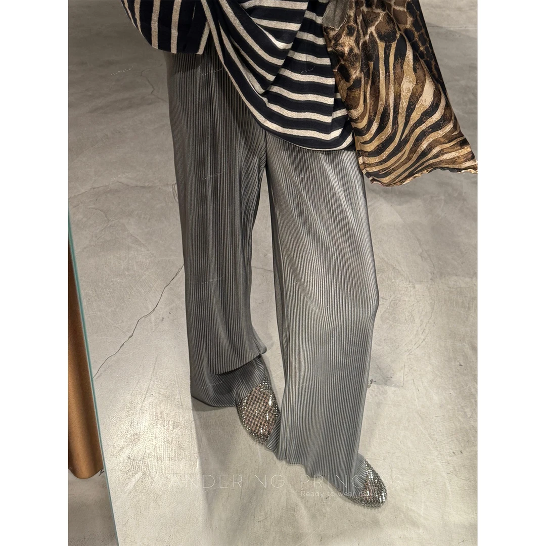 钱美西 一片式裸感褶皱纸片人 垂顺压褶细条空气显瘦长裤夏秋女