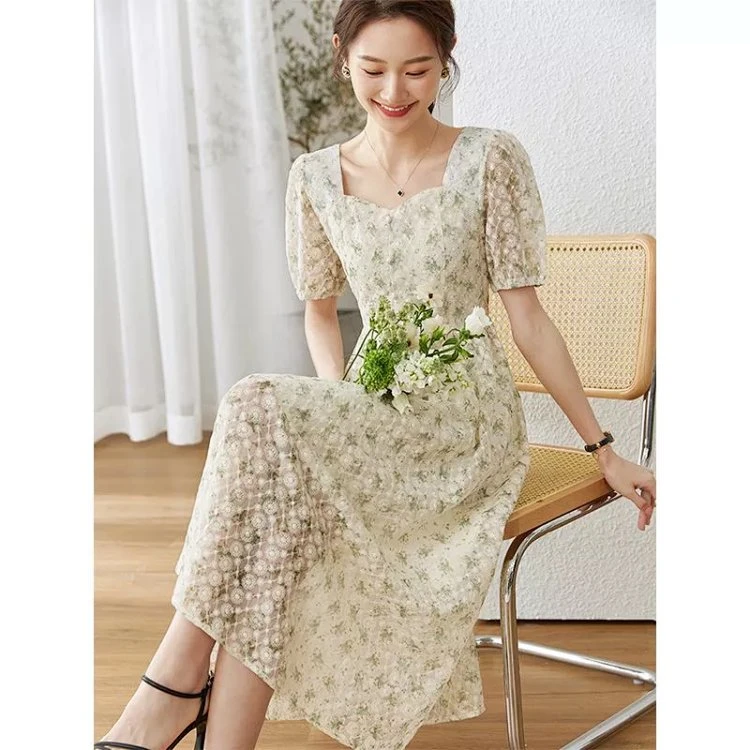 *重工立体绣花连衣裙女2025年夏季新款方领A字裙宽松显瘦M2091