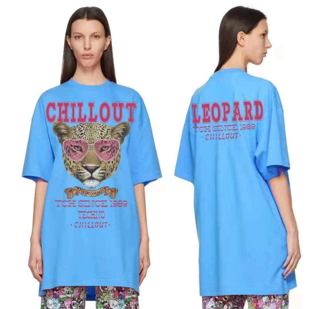 TCH轻奢烫钻工艺字母豹子印花百搭圆领蓝色T恤T21110C3119私服tch