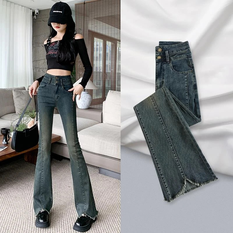 秋装开叉双排扣水泥灰微喇牛仔裤女春秋季毛边复古港风马蹄拖地裤