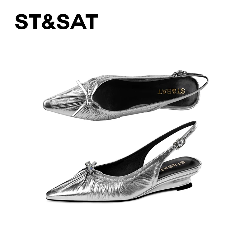 St&Sat/星期六气质浅口时装夏季尖头凉鞋女士时尚银色真皮单鞋
