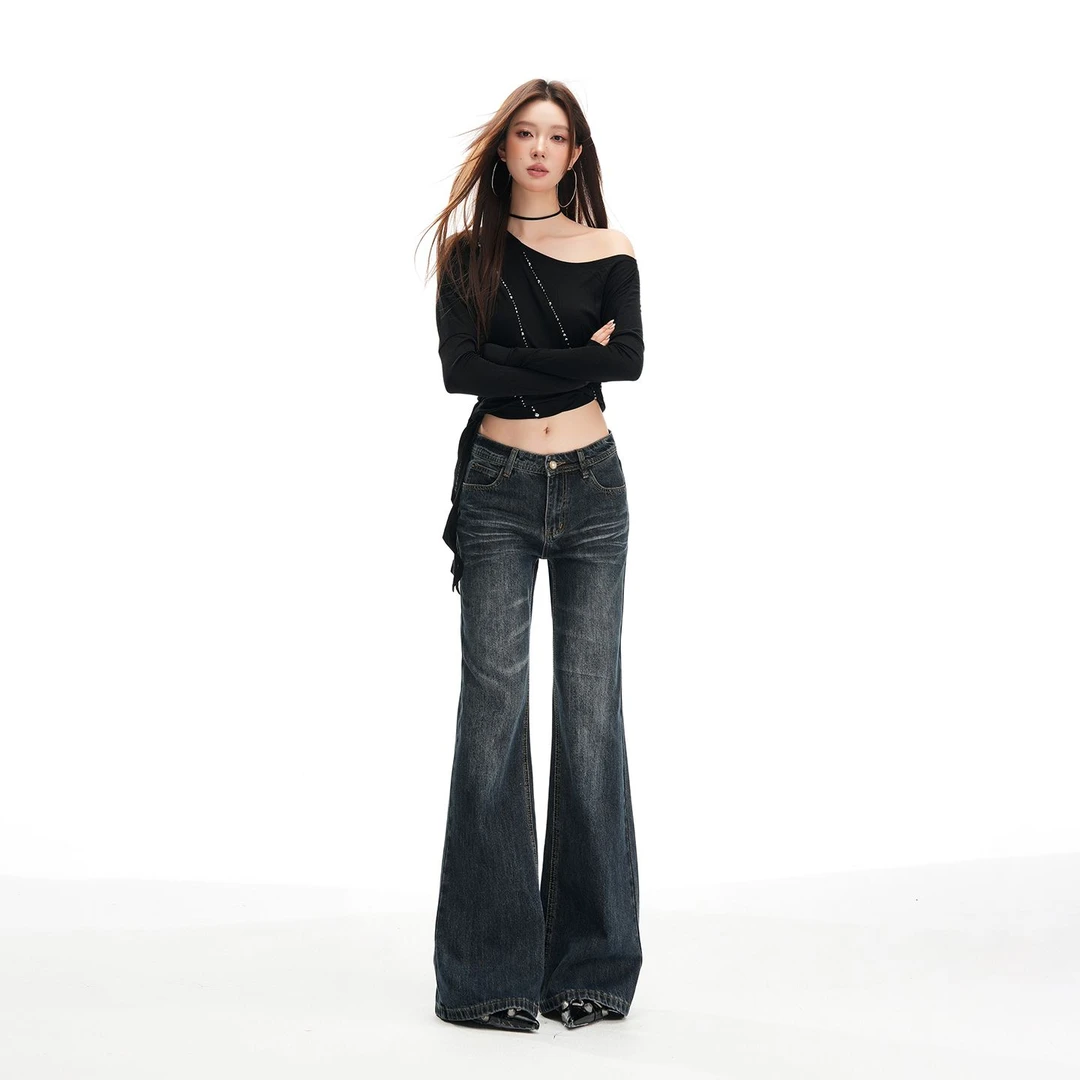 JWUW秋冬季新款美式复古低腰宽松微喇牛仔裤女显瘦垂感拖地长裤