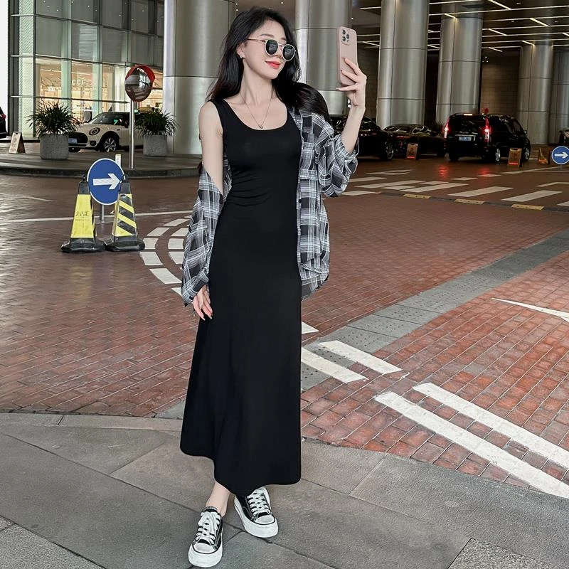 dhini莫代尔超长吊带裙垂感连衣裙女夏新款气质到脚踝长裙黑色显