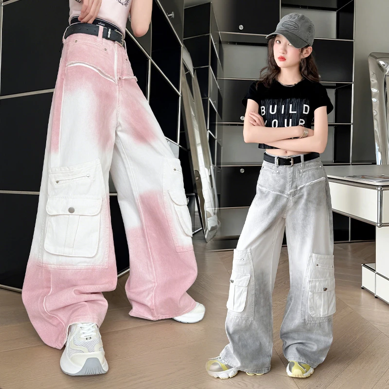 女童工装裤夏季新款洋气儿童裤子夏天薄款防蚊裤中大童直筒阔腿裤