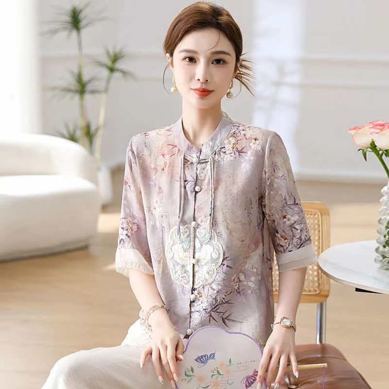 8469-H妈妈夏季新中式气质衬衫宽松中年小衫显瘦中老年女装新仓库