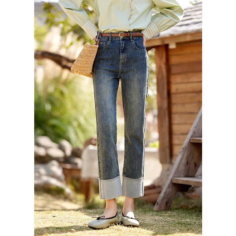 【女装优选】谜秀直筒毛边法裤女高腰显瘦九分牛仔裤子MXE13K0842