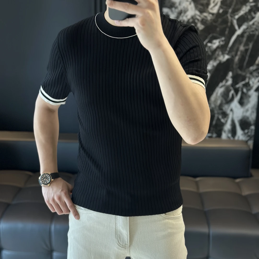 夏季高品质男士圆领拼色桑蚕丝短袖88206