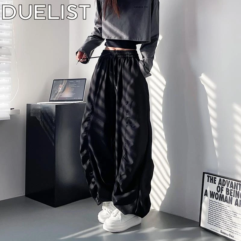DUELIST大码休闲阔腿裤女秋褶皱休闲运动裤高腰抽绳显瘦工装裤子