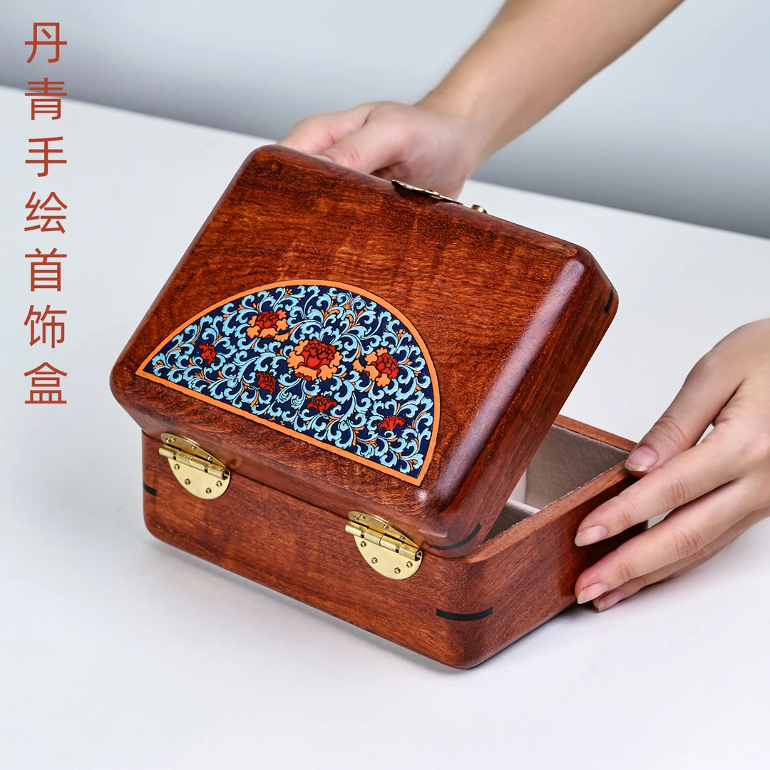 首饰盒/箱 缅甸花梨首饰盒实木饰品收纳带锁手绘珠宝箱陪嫁梳妆盒