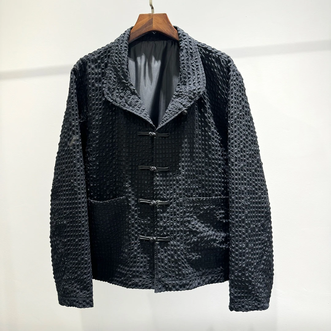 新中式舒适时尚小众褶皱长袖夹克男士潮流宽松中国风盘扣春季外套