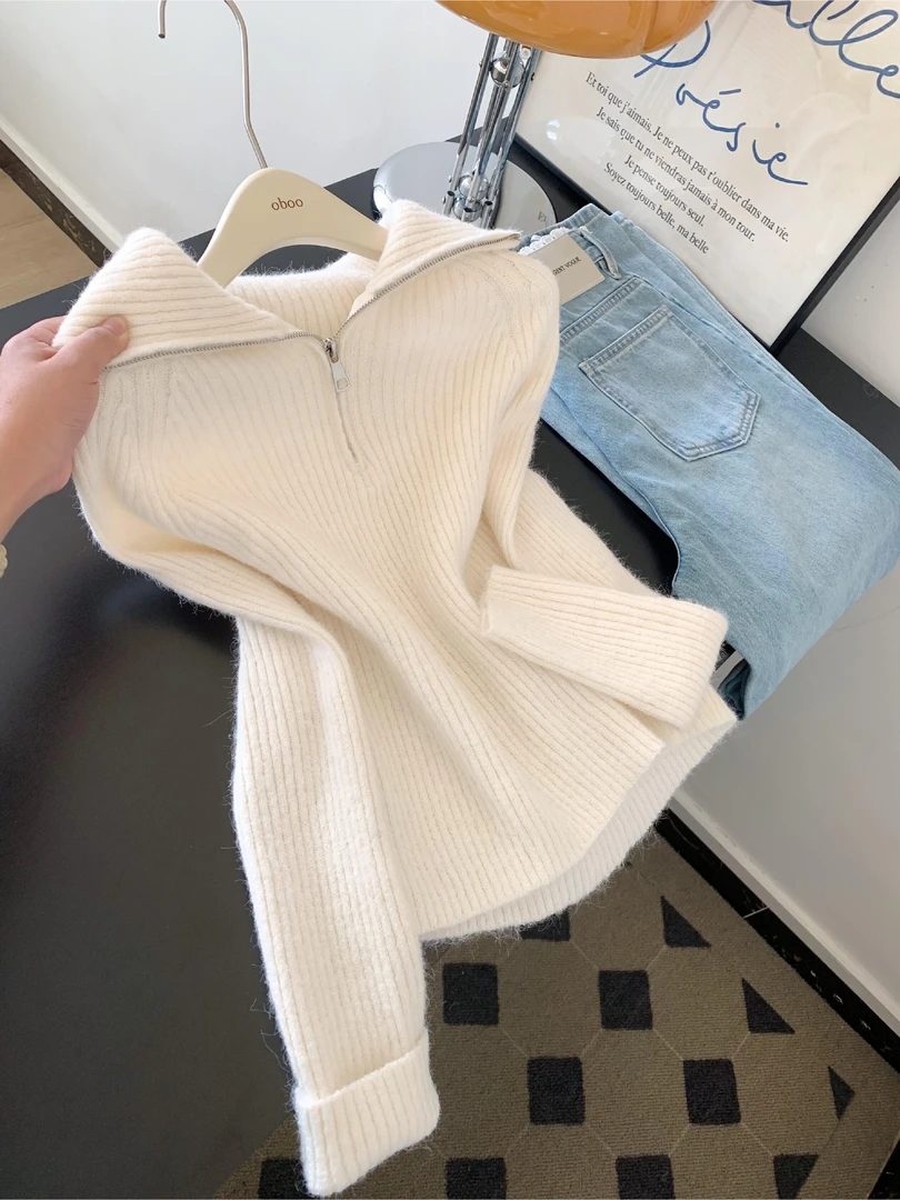 秋冬新款洋气衣服女翻领双拉链针织开衫慵懒风气质外穿毛衣外套