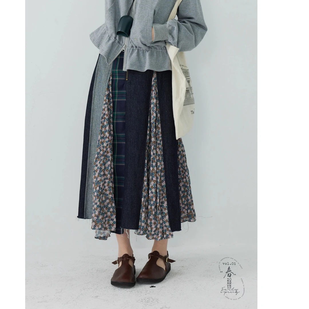 「白描工作间」"奥利弗特区"日系流浪风设计拼接a字半身裙牛仔裙