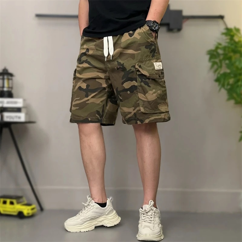 夏季美式重磅工装中裤男士迷彩薄款马裤百搭多口袋休闲五分短裤潮