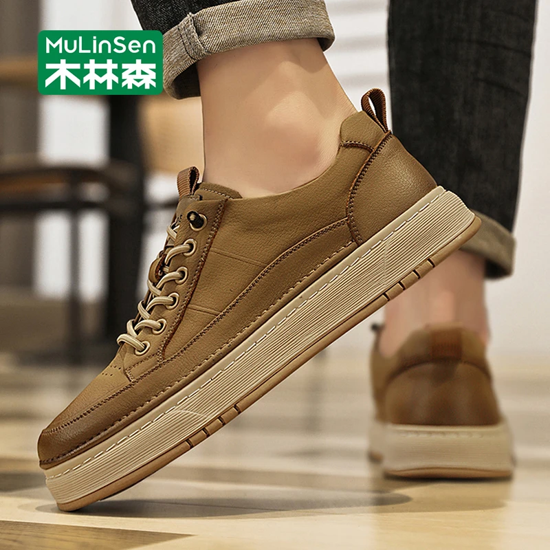 木林森板鞋男2025秋季新款复古皮面防水厚底耐磨增高运动休闲鞋男