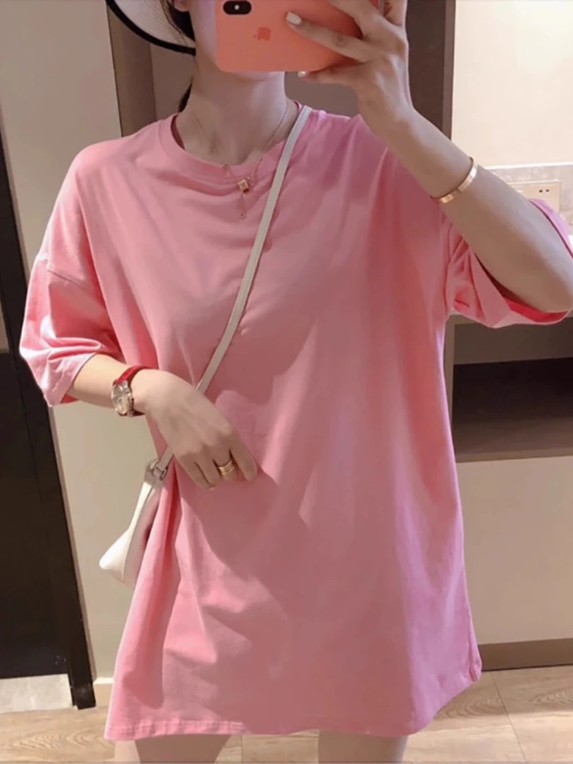 纯棉中长款简约粉色短袖T恤2025夏季宽松显瘦遮pp内搭圆领打底衫