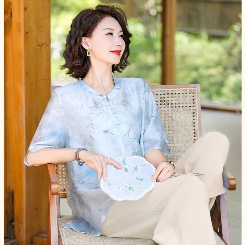 中年妈妈装春夏国风小衫T恤衬衫2025新款洋气中老年女装时尚上衣