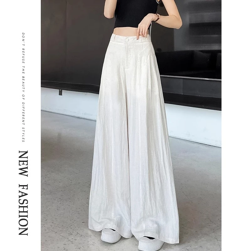白色冰丝亚麻阔腿裤女夏季薄款新款高腰垂感莱赛尔直筒休闲裤