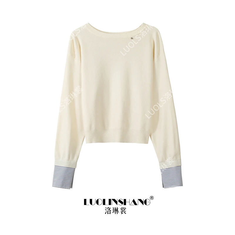 设计感拼接圆领斜肩针织衫秋冬新款韩系宽松休闲百搭显瘦上衣女