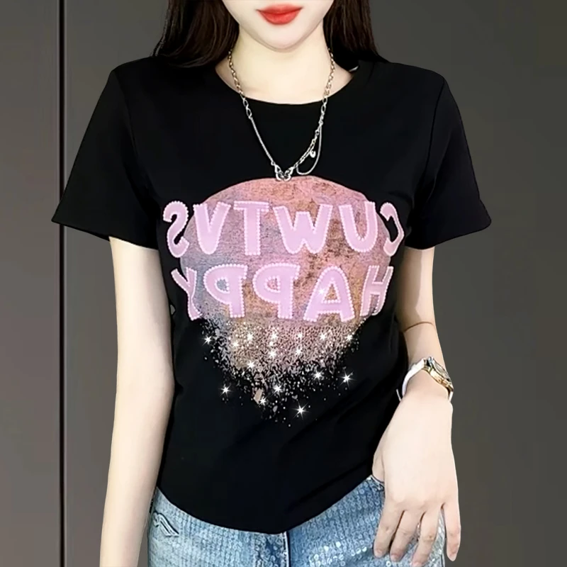 夏装2025新款韩版字母印花发泡工艺短袖T恤女时尚百搭显瘦女上衣