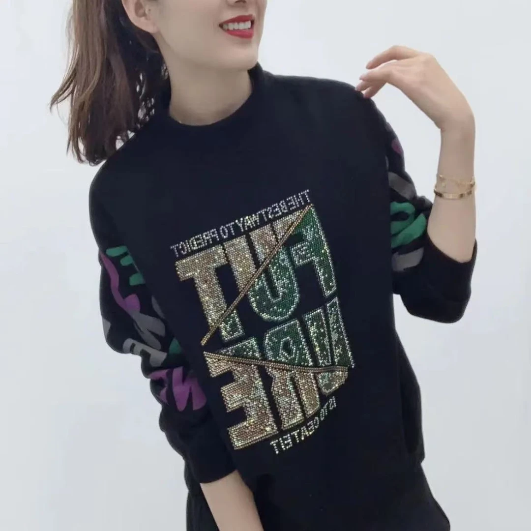 圆领加绒加厚卫衣烫钻字母手臂胶印长袖女士时尚洋气百搭套头上衣