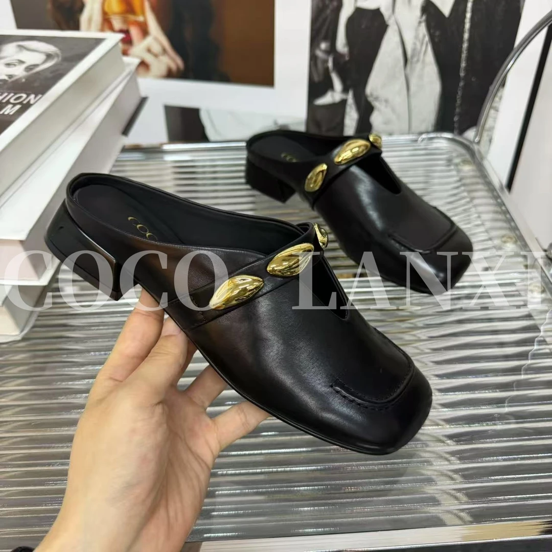 【若家】时尚软底平底通用网红日常纯色百搭真皮拖鞋 25TX307LX