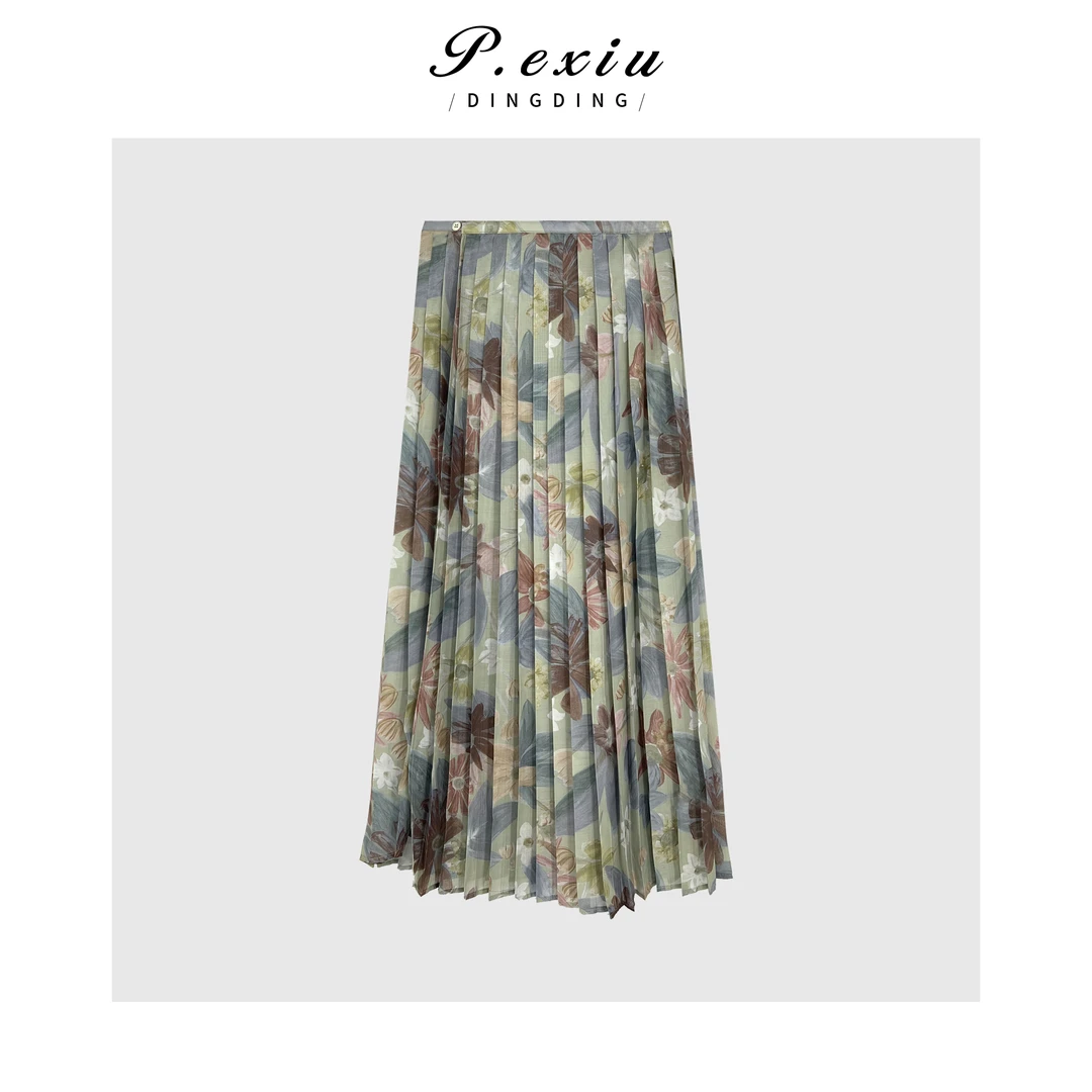 度假风莫奈油画风褶皱半身裙 W-62882