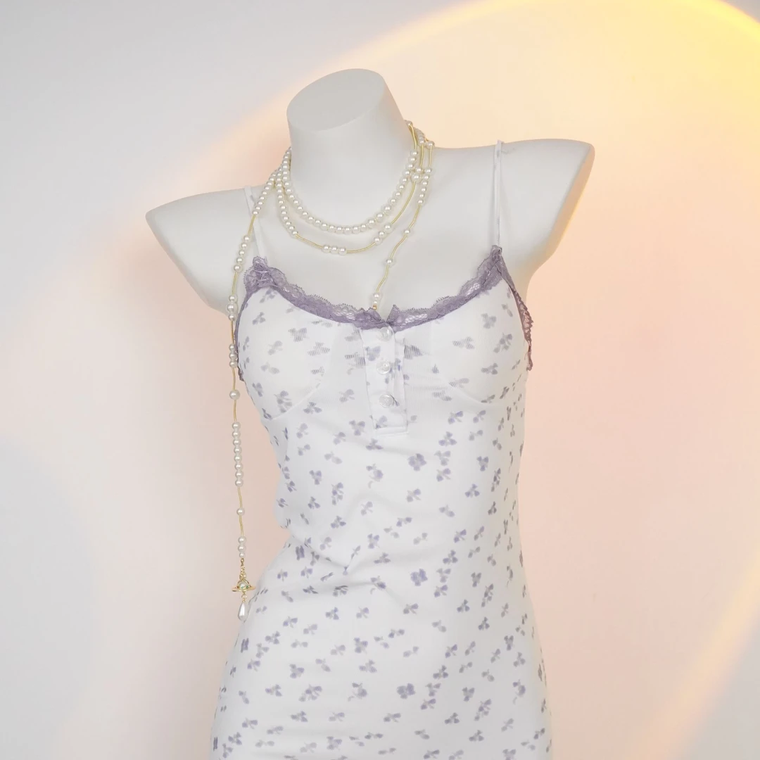 内衣性感睡衣纯欲少女紫色碎花吊带蕾丝紧身睡裙家居服显瘦气质