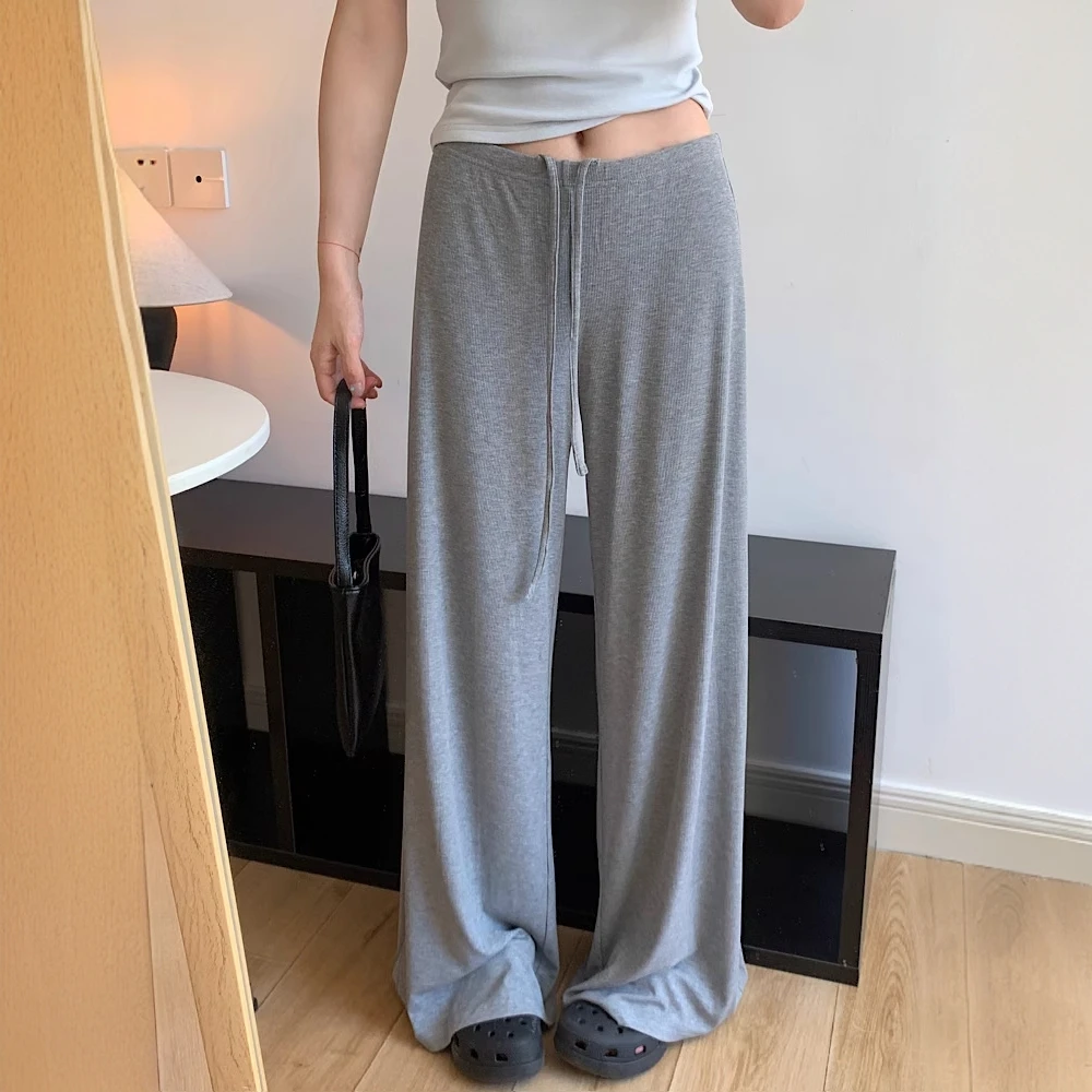 欧若风 抖抖裤 手感棉松紧腰抽绳阔腿裤女夏宽松显瘦拖地长裤