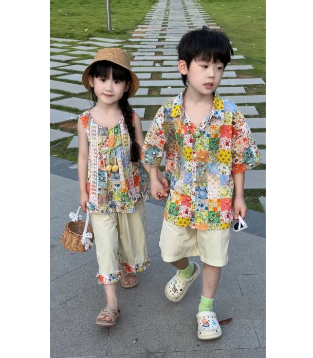 兄妹款2025薄款民族风夏季少女风女碎花无袖背心阔腿裤男童碎衬衫