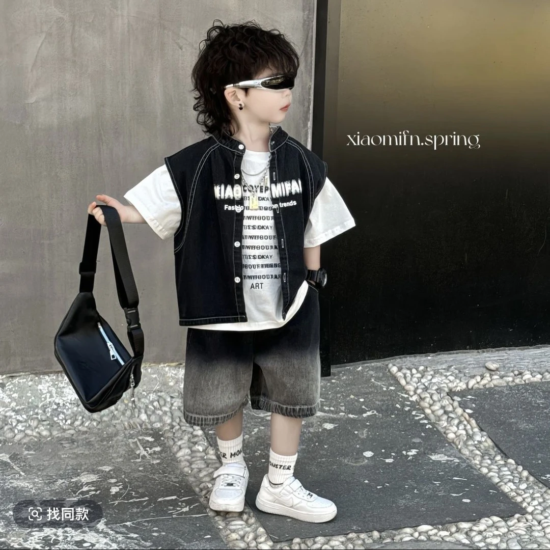 夏季新款男童牛仔衬衫外套短裤韩版男童儿童短裤帅气三件套潮 TT