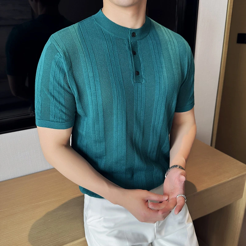 DeweLvum新中式立领时尚休闲针织短袖T恤男士条纹镂空polo衫男装