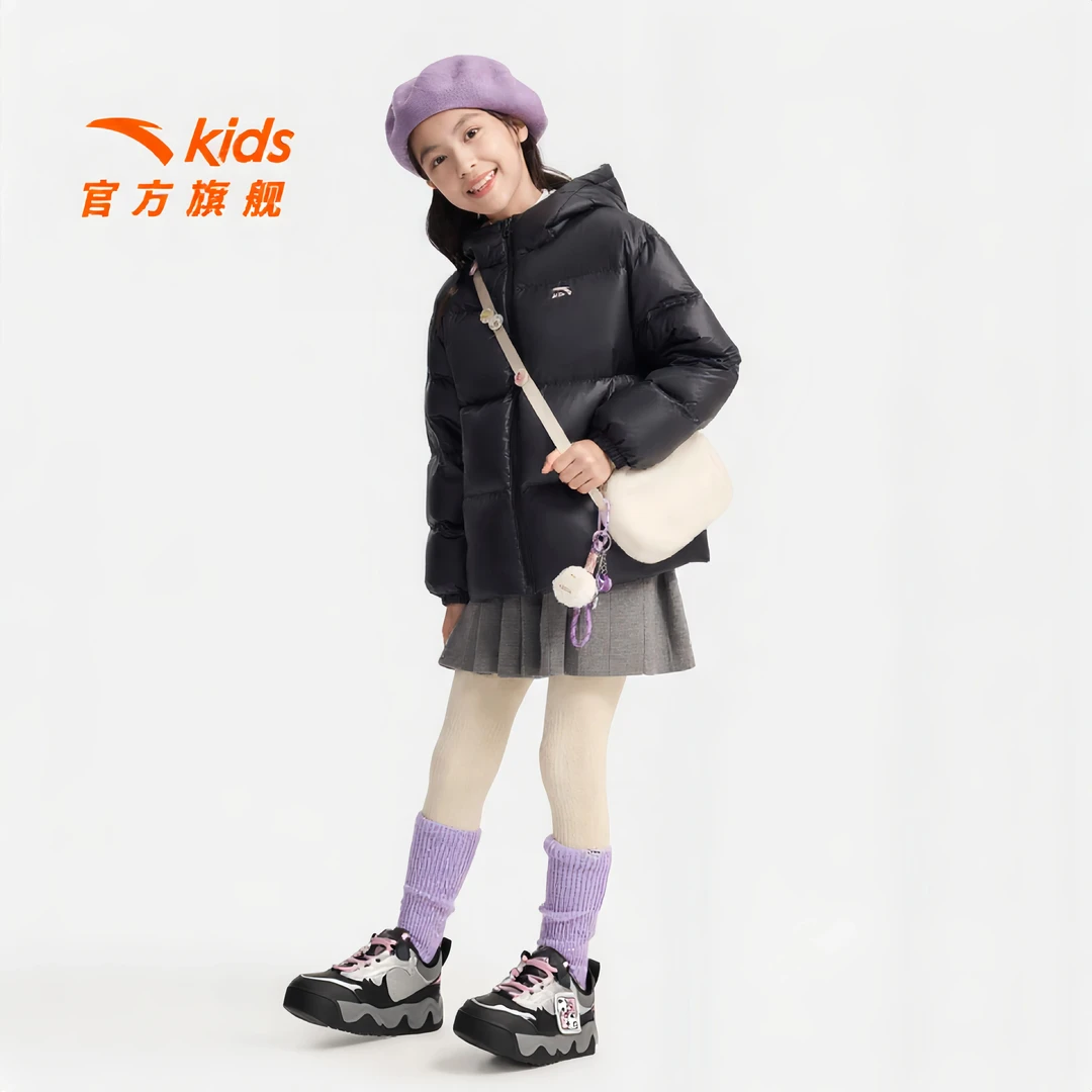 【泡芙】安踏儿童女大童加厚时尚保暖冬季连帽拉链鸭绒羽绒服