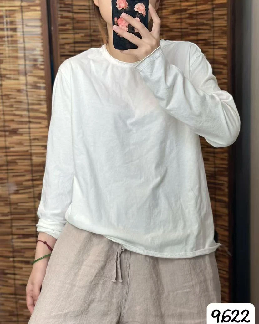 春秋文艺纯色长袖T恤女宽松显瘦百搭纯棉打底衫上衣基础款通勤