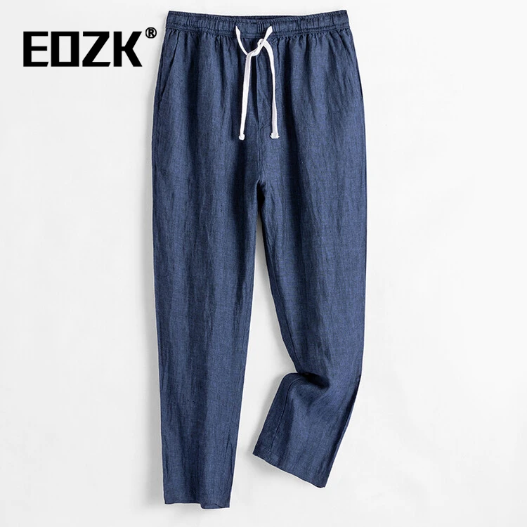 Eozk2025夏季100%亚麻九分裤男轻薄透气中年男裤百搭松紧腰直筒裤