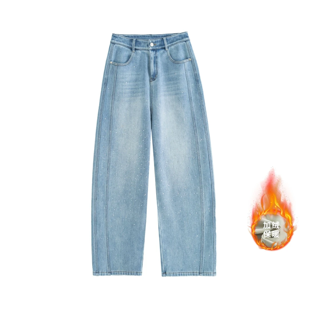 【星际银河】冬季加绒加厚亮钻阔腿弯刀裤浅色牛仔裤亲肤御寒显瘦