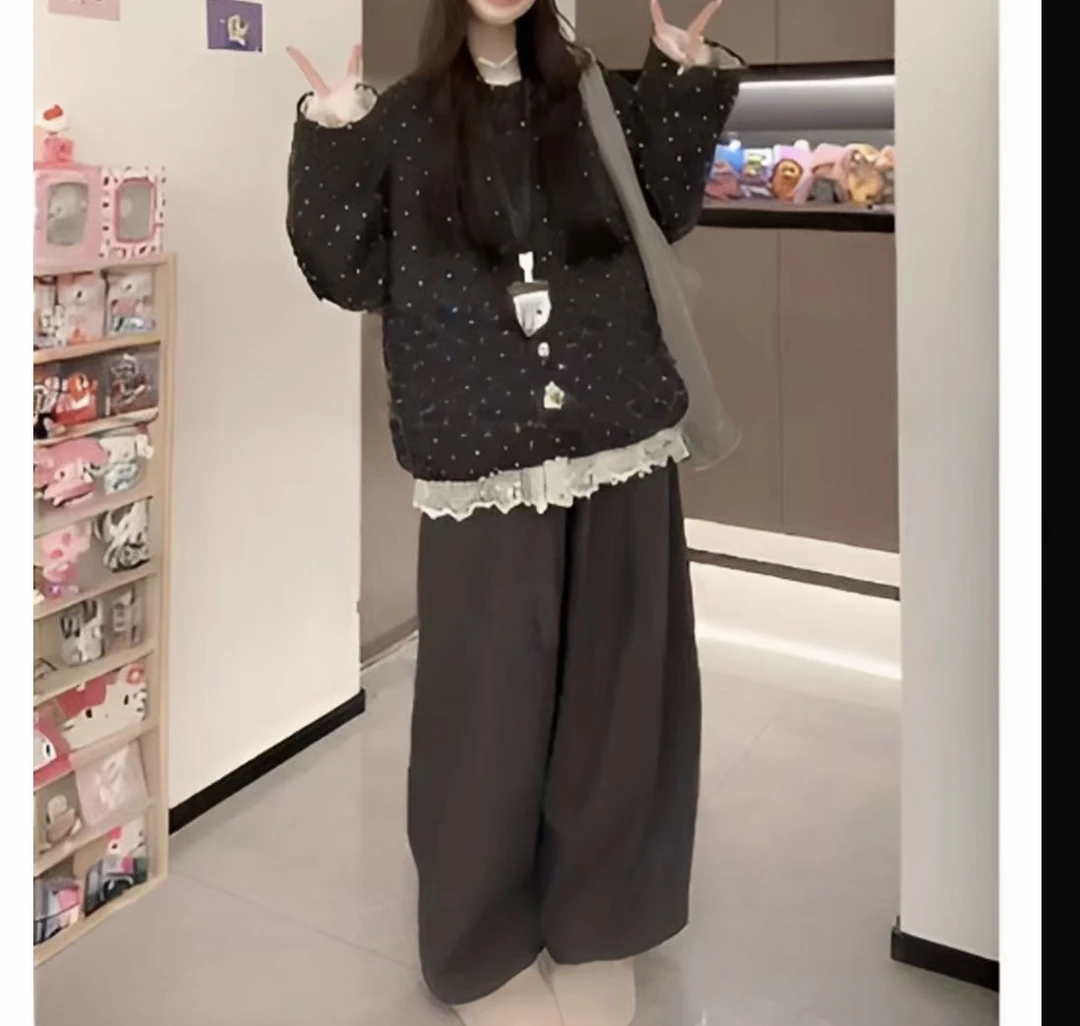 9995#冬季韩版呢子波点落肩外套打底蕾丝T恤阔腿裤单拍（无运险）