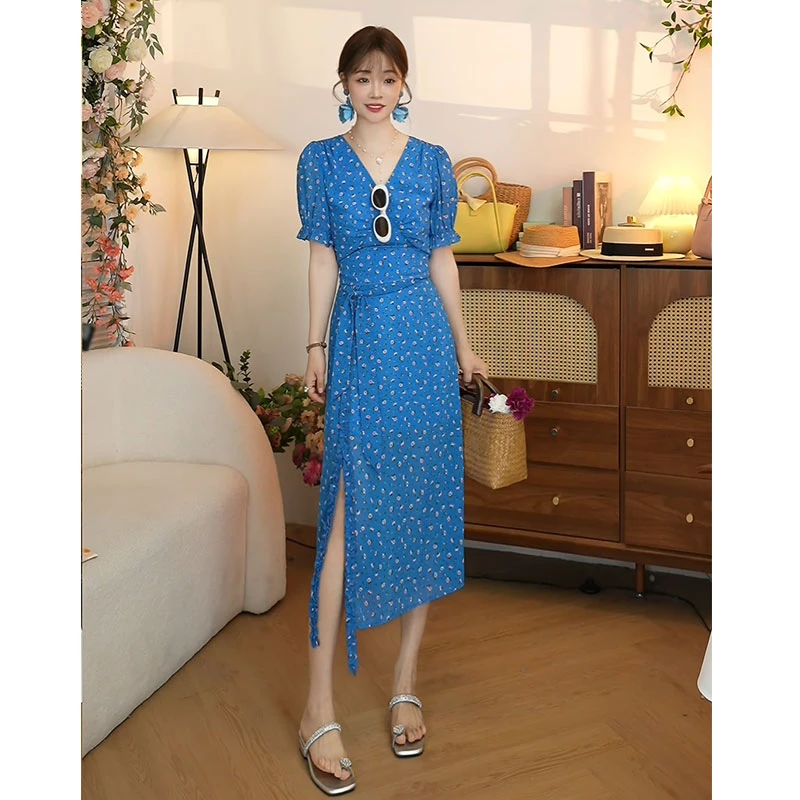 【迷人蓝碎花套装】意式波浪褶高腰碎花休闲风半身裙蓝色复复古风潮