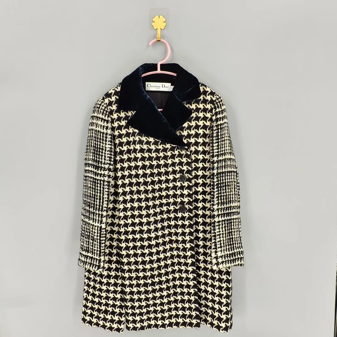 99新 DIOR/迪奥 葡萄籽奢潮/千鸟格羊毛大衣/34码女装外套小香风