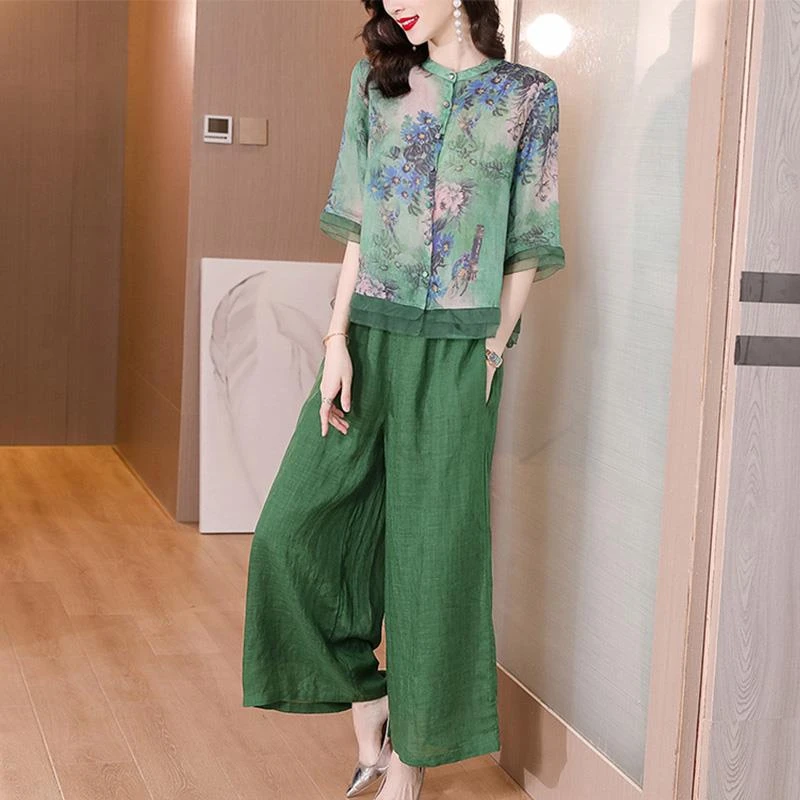 高端亚麻棉麻七分袖衬衫套装女妈妈夏装品牌苎麻上衣阔腿裤两件套