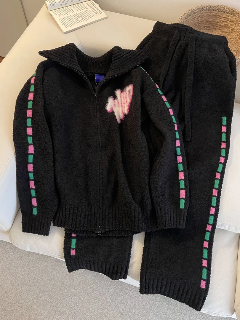 【DMXJ大梦想家】软糯慵懒字母半边绒睡衣女秋冬季款针织家居服套装