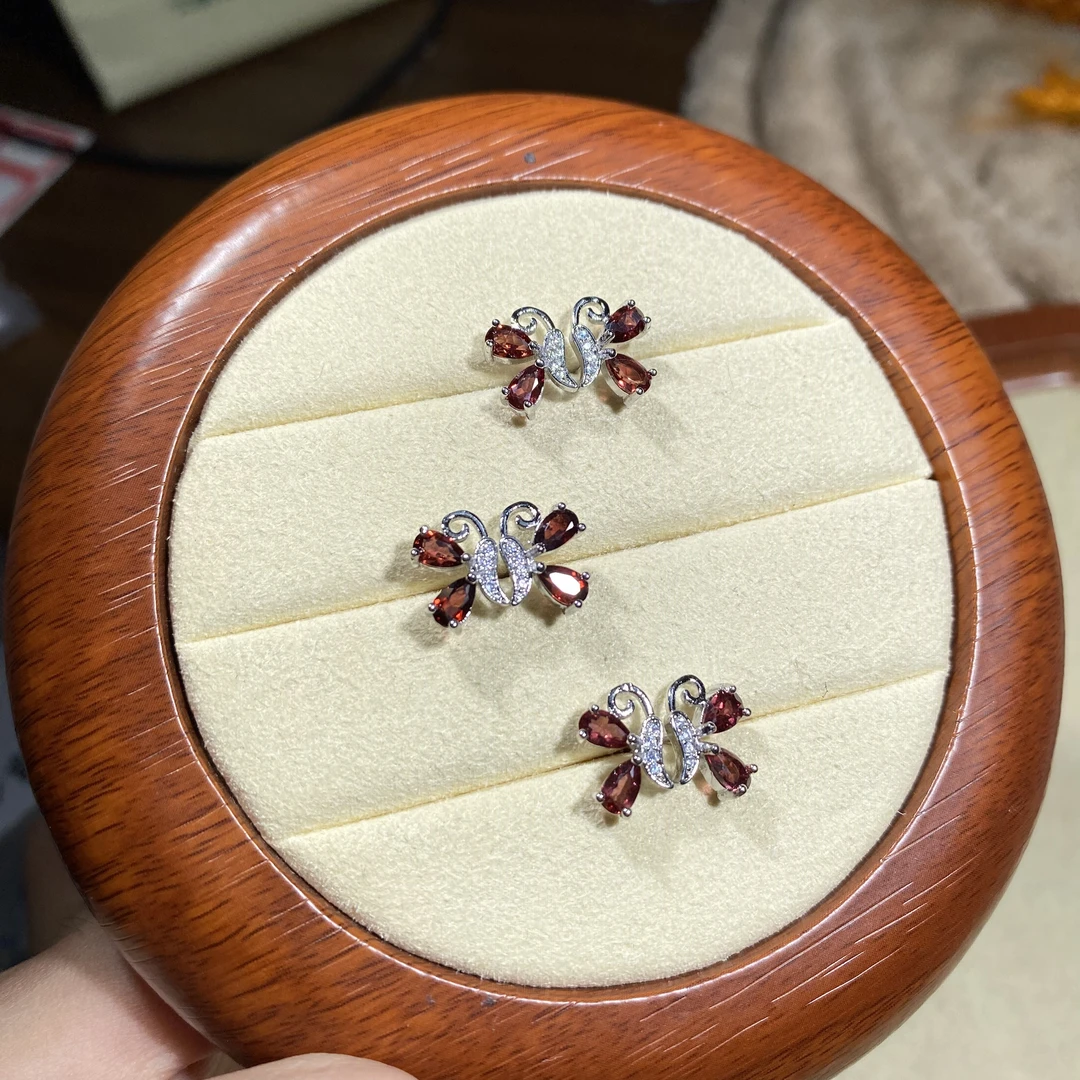 天然石榴石蝴蝶AB款耳钉 多样性发其一【SLS0027】