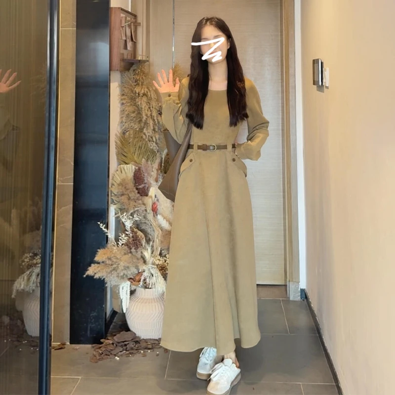 KQ6426早秋新款法式长袖连衣裙小个子打底气质绝美长裙琥珀流光风