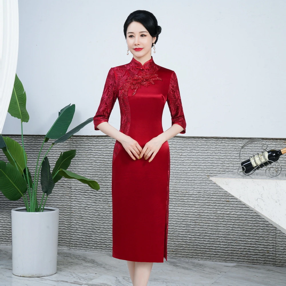 鸿韵绣2023秋季新款醋酸拼蕾丝改良旗袍连衣裙敬酒妈妈装时尚复古