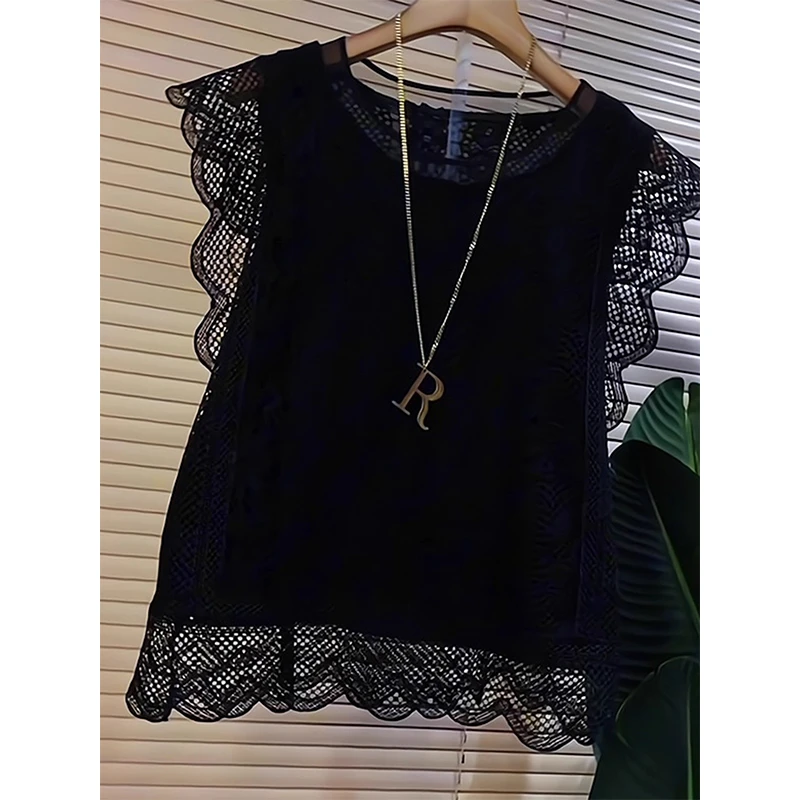 欧货气质高级感黑色镂空无袖上衣新款轻熟风蕾丝花边小衫2025年夏