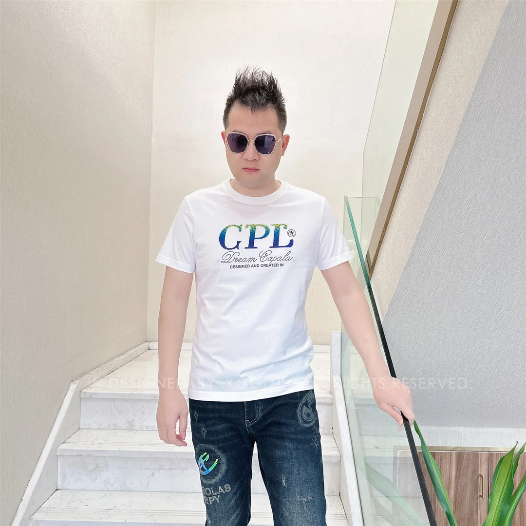 春夏款CPL三字母彩色渐变蓝男士品质高端轻奢洋气上档次潮短袖T恤