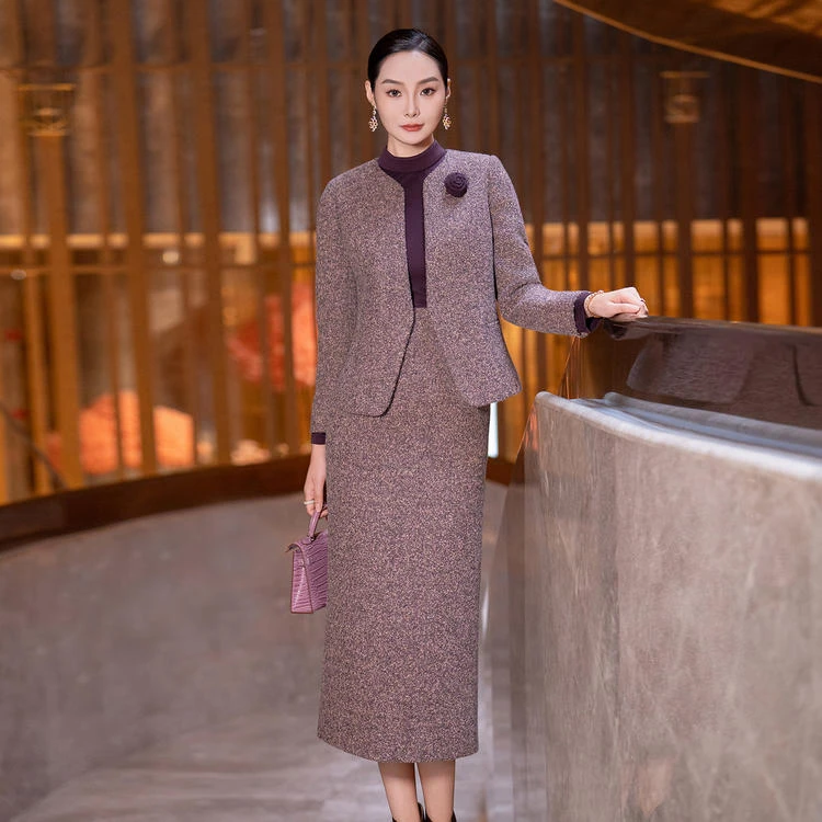花韵--2025冬季新款羊毛粗花呢拼接修身显瘦气质减龄套装
