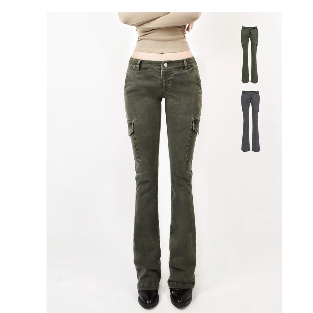 Jim Kennet复古低腰洗水微喇工装裤