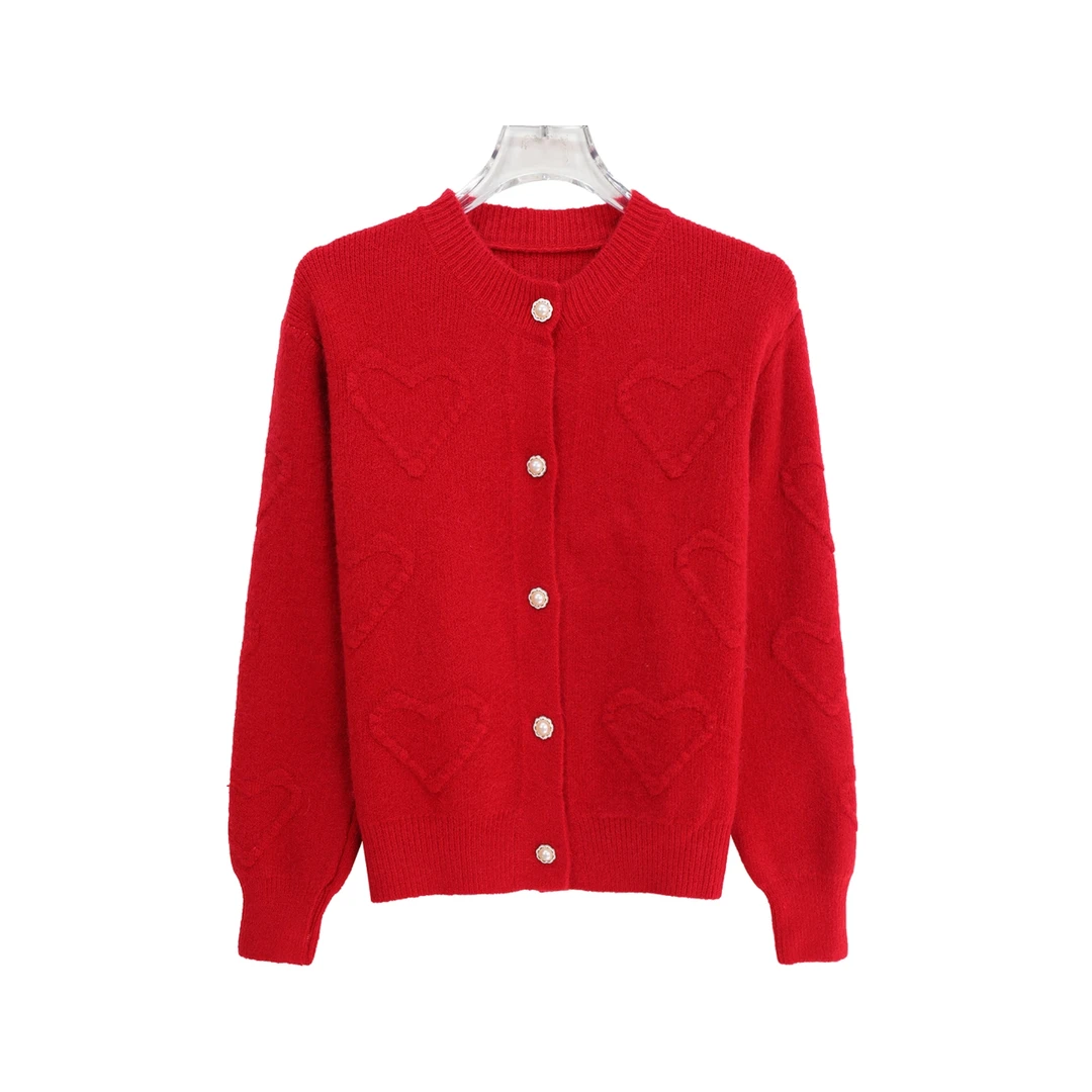 圆领花朵钉珠纽扣爱心提花圆领针织衫X27333